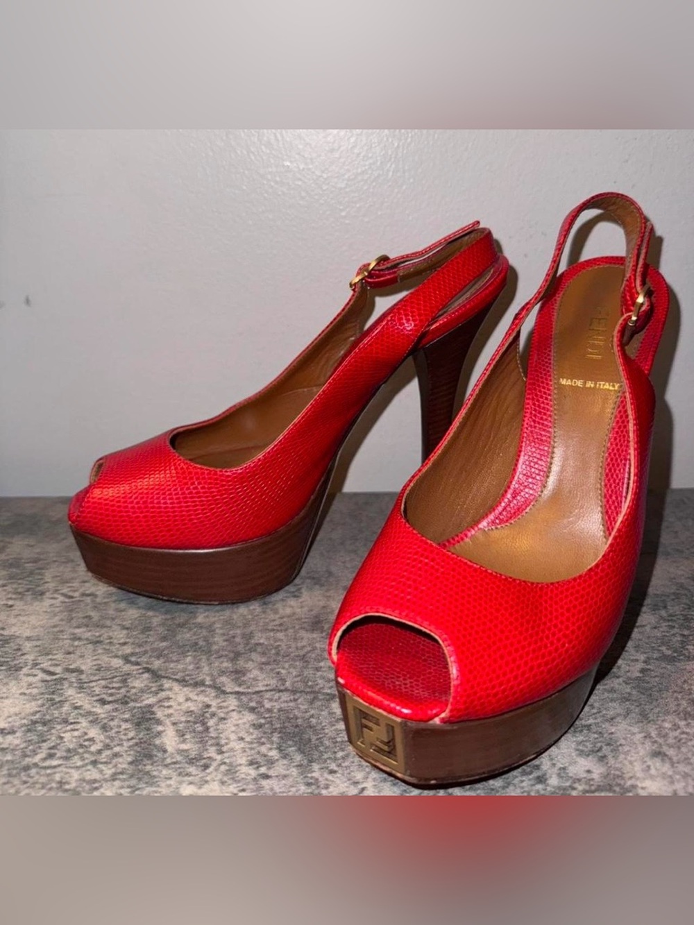 Fendi Red Peep-Toe Platform Slingback Heels with Wood-Look Platform